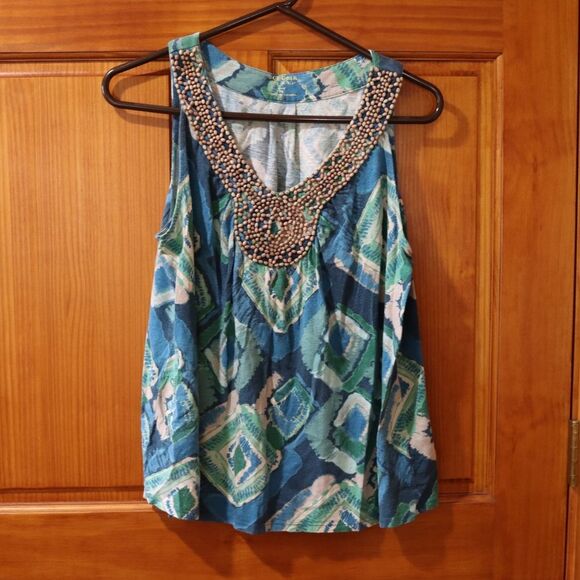 Sonoma Blue Ikat Print Wooden Beaded Neckline Tank Top Petite Large - Picture 2 of 10